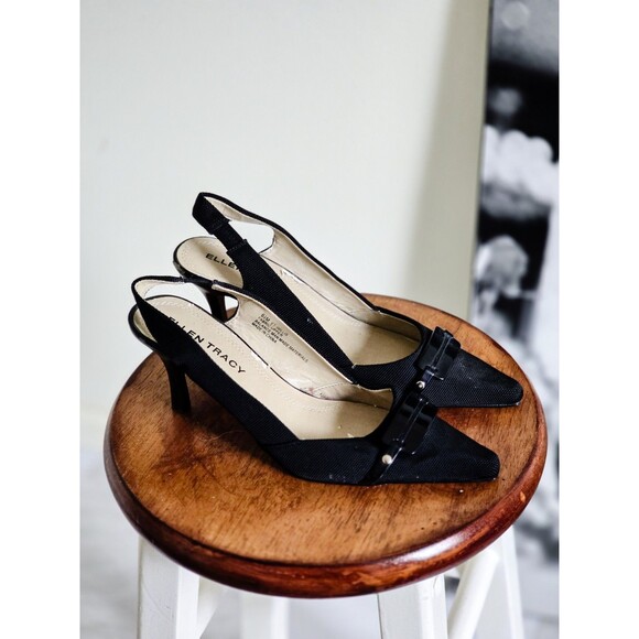 Ellen Tracy Black Pointed Toe Sling Back Kitten Heels Office Career 6.5 - Picture 1 of 8